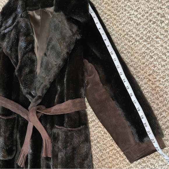 Vintage Style VI Dark Mink Faux Fur Coat with Brown  Suede Leather Fringe Belt - Picture 14 of 15